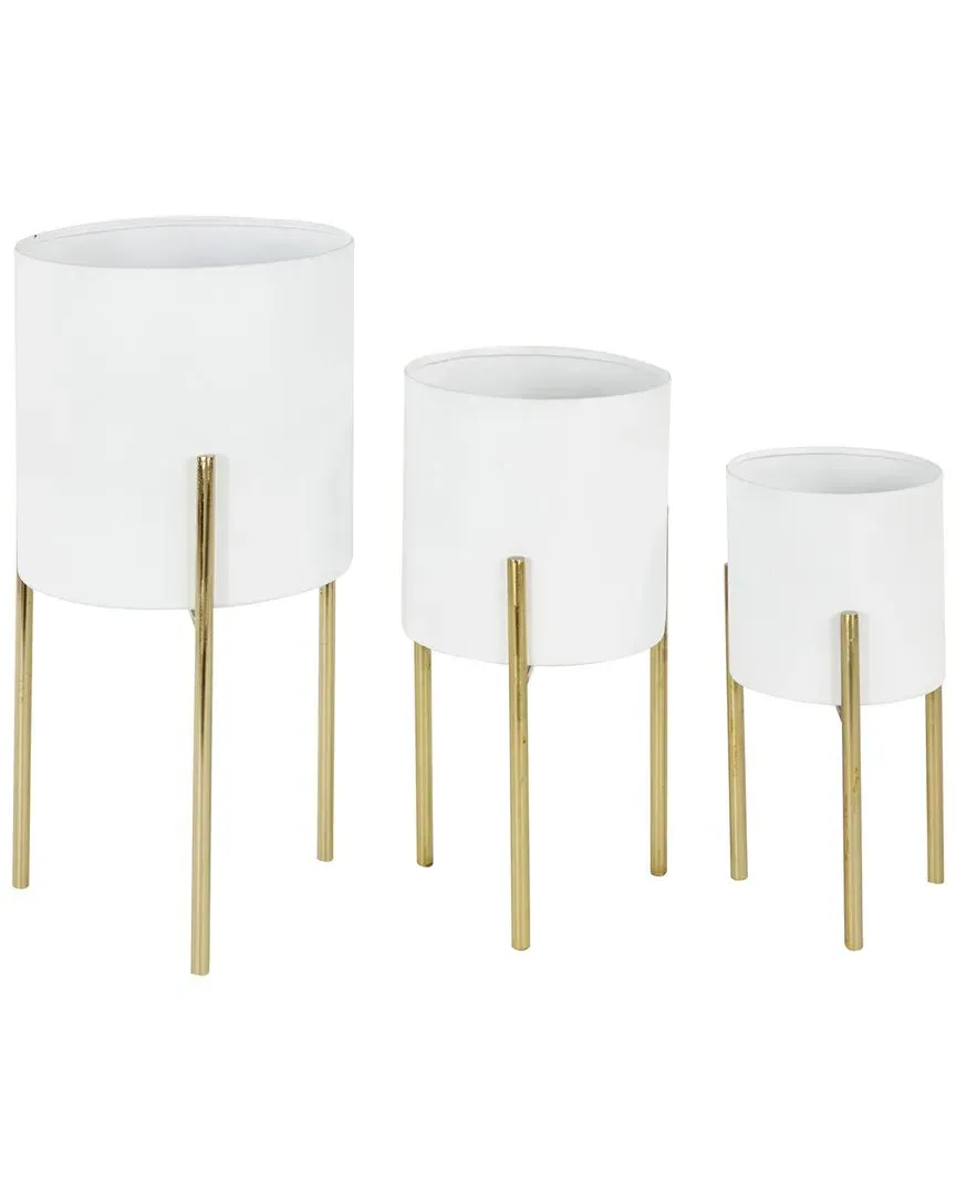 Set of 3 Metal Planters with Stand - White, Iron