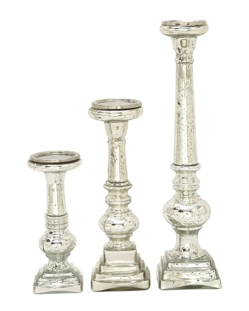 Set of 3 Pillar Candle Holders - Silver, Glass