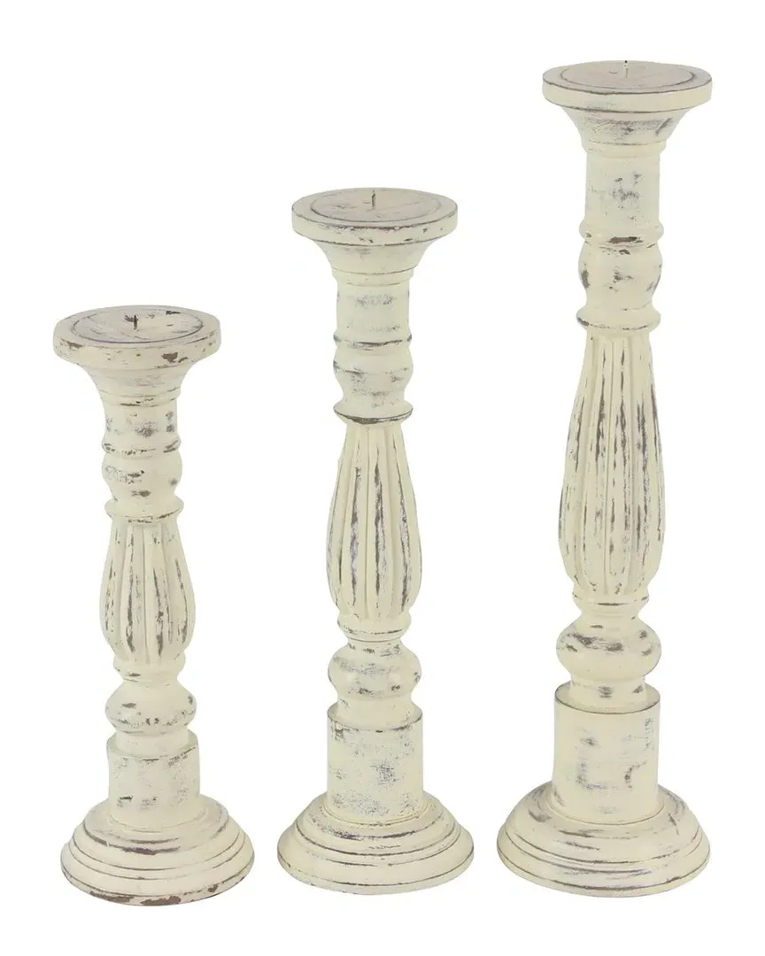 Set of 3 Pillar Candle Holders - White, Mango Wood