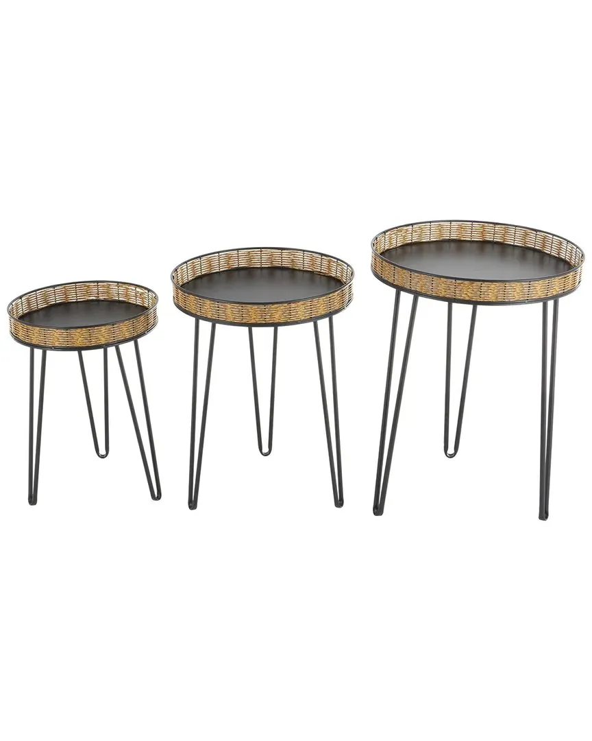Set of 3 Round Accent Tables with Rattan Edges - Black, Iron image