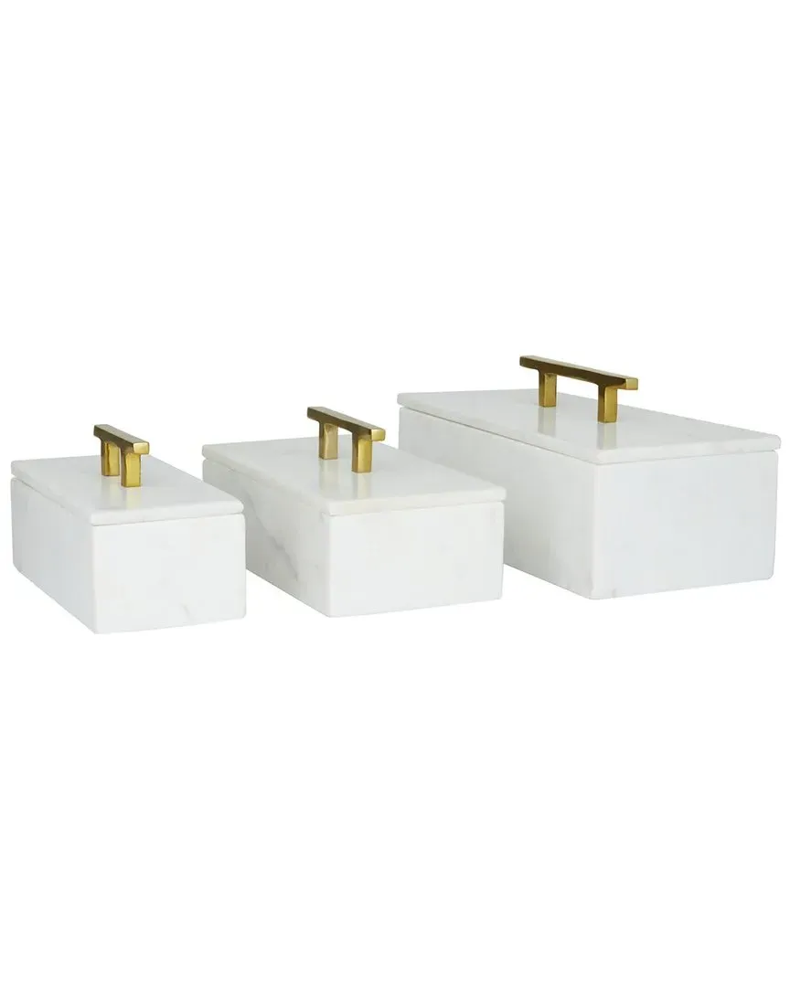 Set of 3 Storage Box with Gold Handle - White, Marble