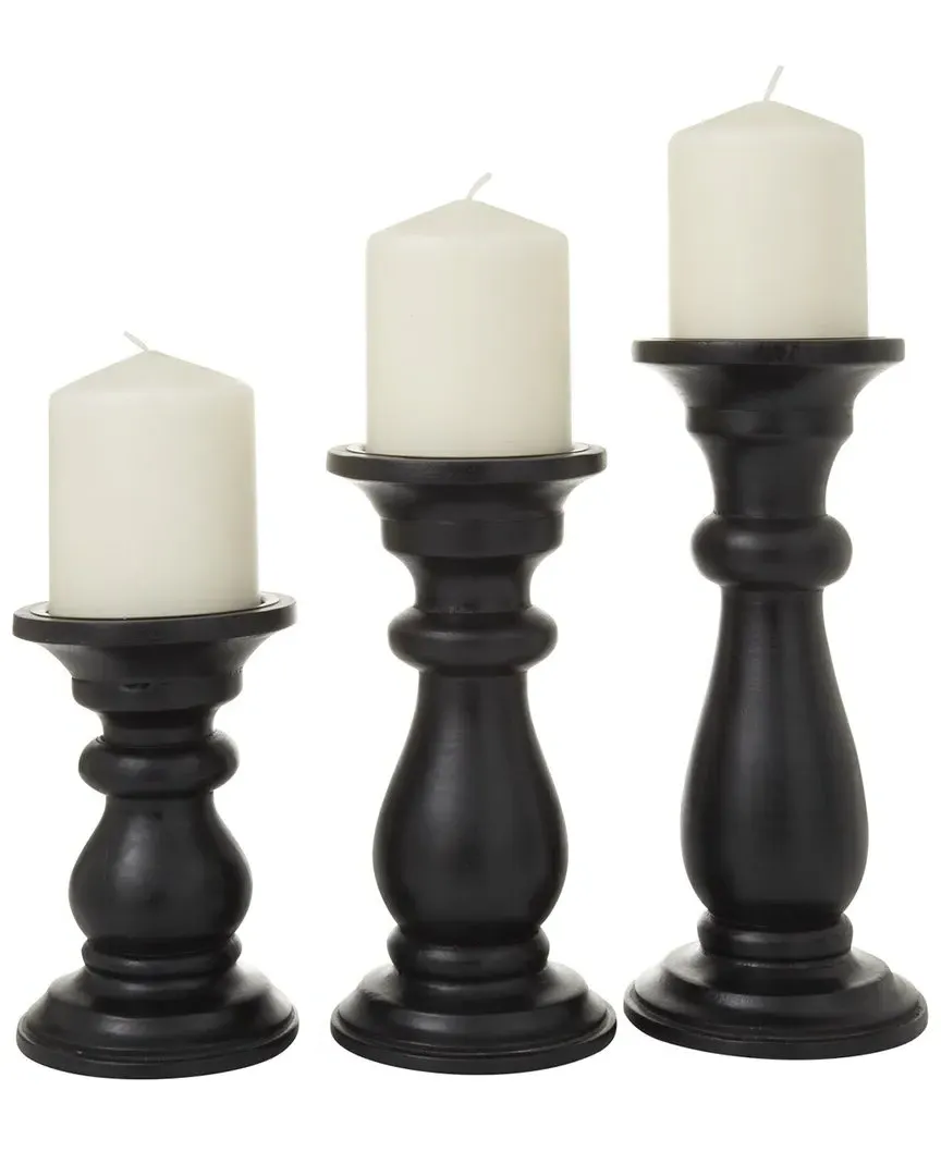 Set of 3 Wood Candle Holders - Black, Mango Wood image