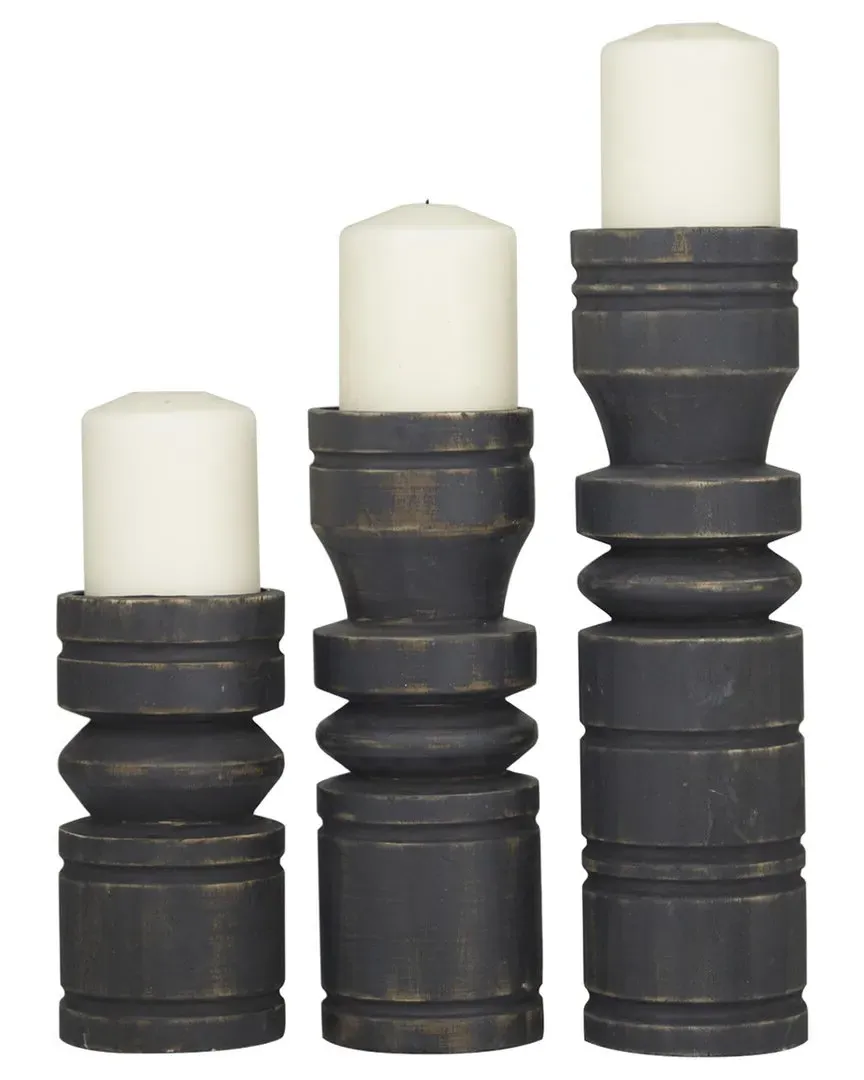 Set of 3 Wood Candle Holders - Black