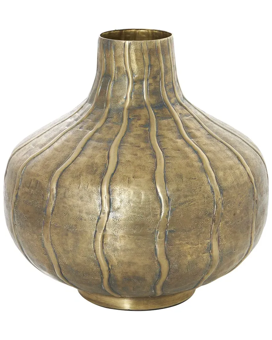 Wide Snakeskin Inspired Vase with Wavy Accents - Brass, Metal