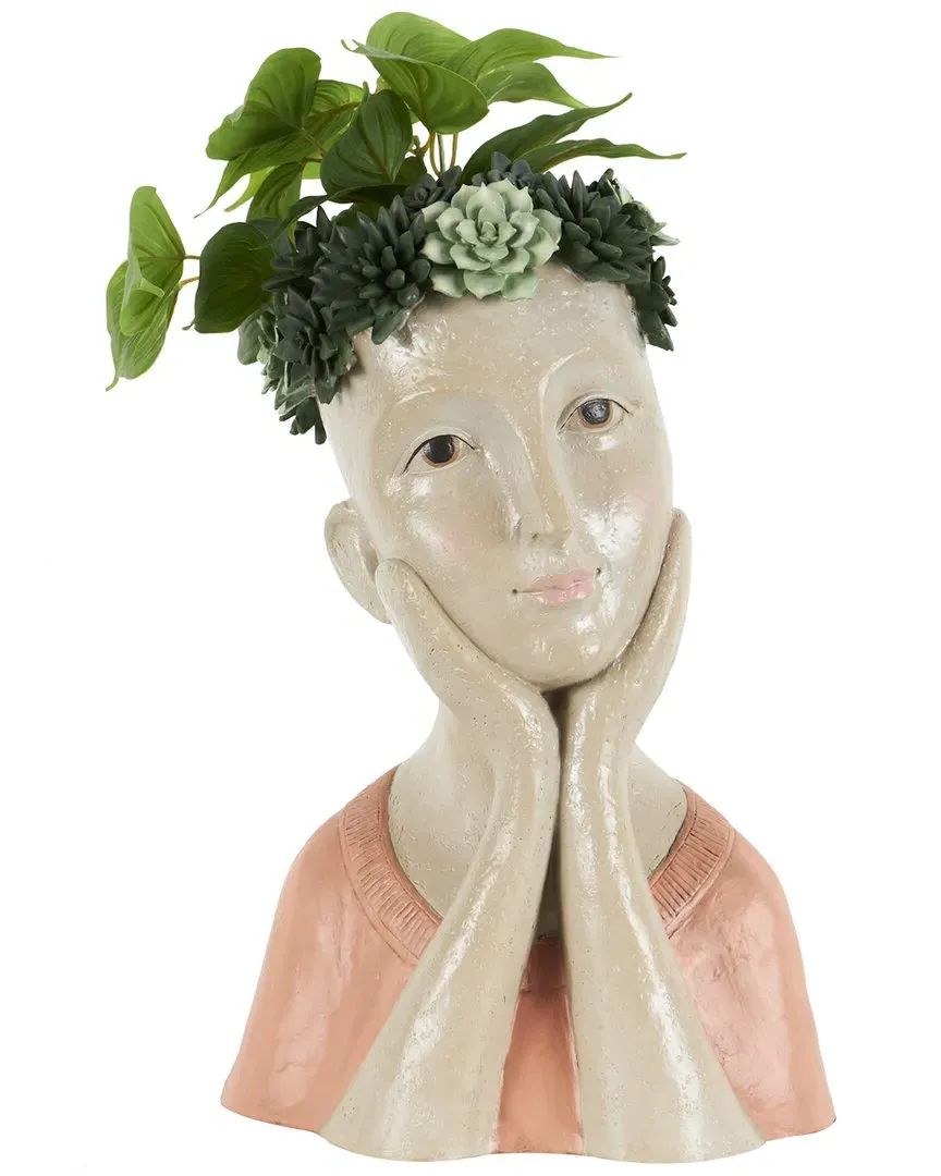 Woman Bust Planter with Succulent Crown - Beige, Resin image