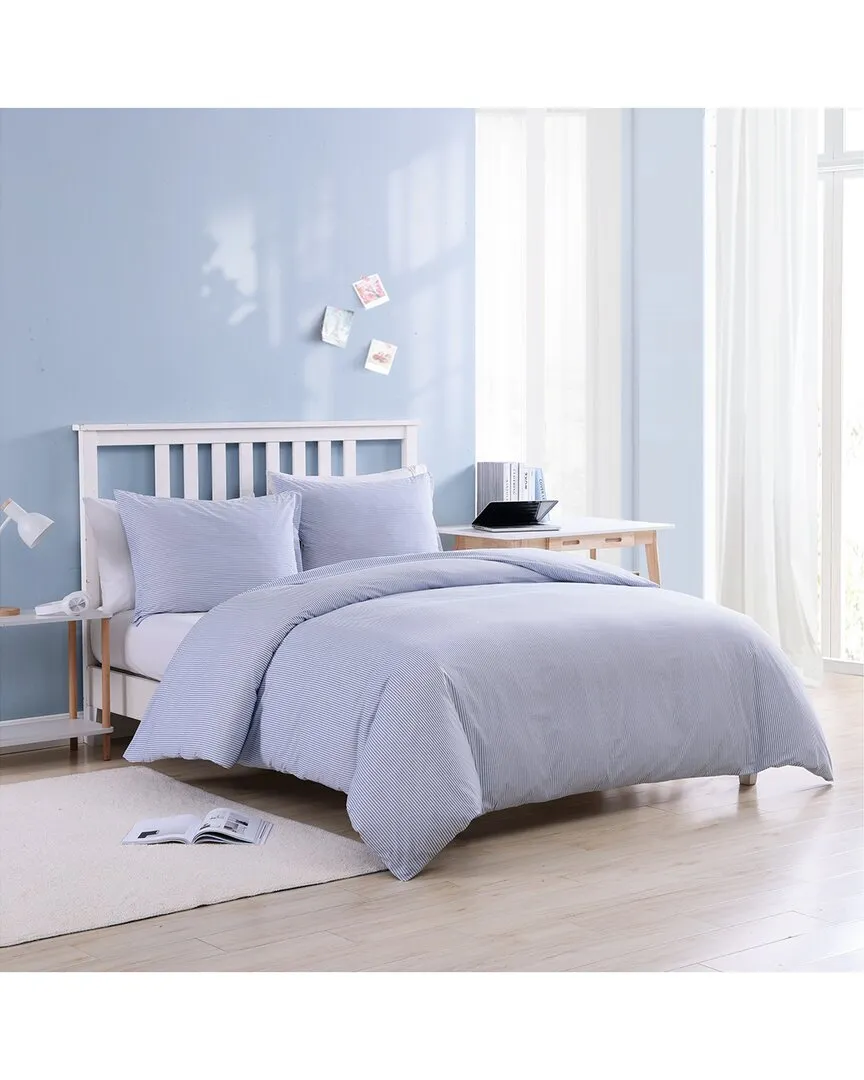 Oxford Stripe Cotton Percale Duvet Cover Set - Blue