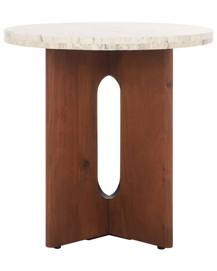 Shayna Round Accent Table - Travertine, Wood