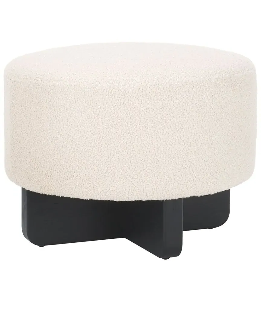Riah Boucle Round Ottoman - Off White, Black Base