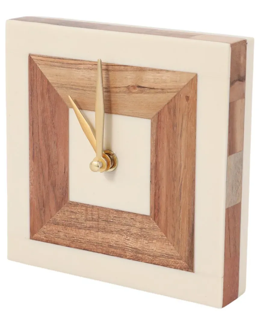 5in Square Clock with Wood Inlay - Ivory image