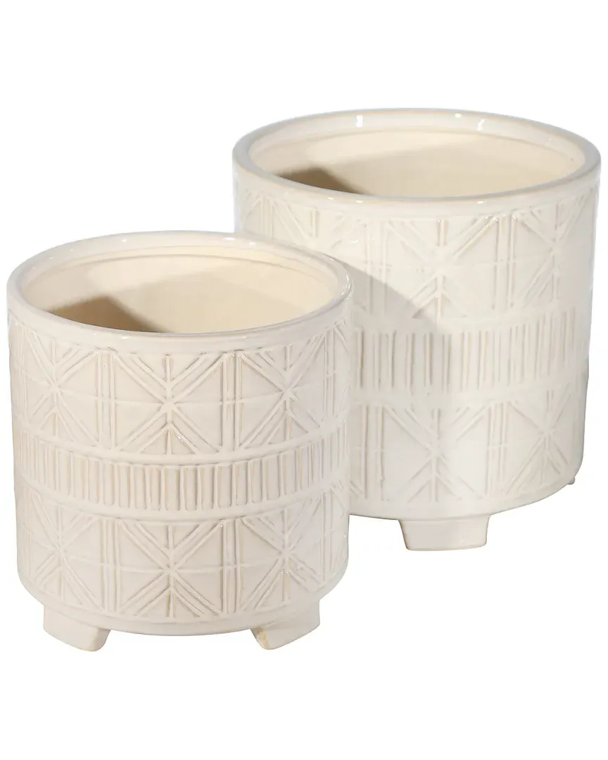 Ceramic Abstract Footed Planter Set - White