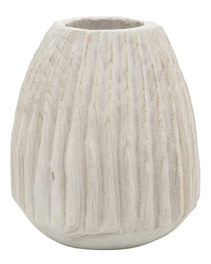 Wood 8in Ridged Vase - White
