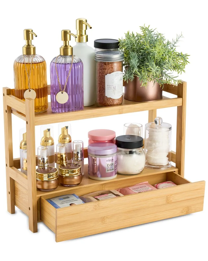 2-Tier Large Counter Organizer with Drawer - Brown, Bamboo