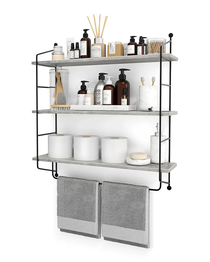 3-Tier Floating Shelves with Metal Brackets - Grey image