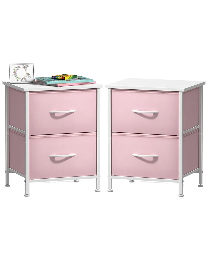 Pack of 2 Nightstands with 2 Drawers - Pink, Fabric