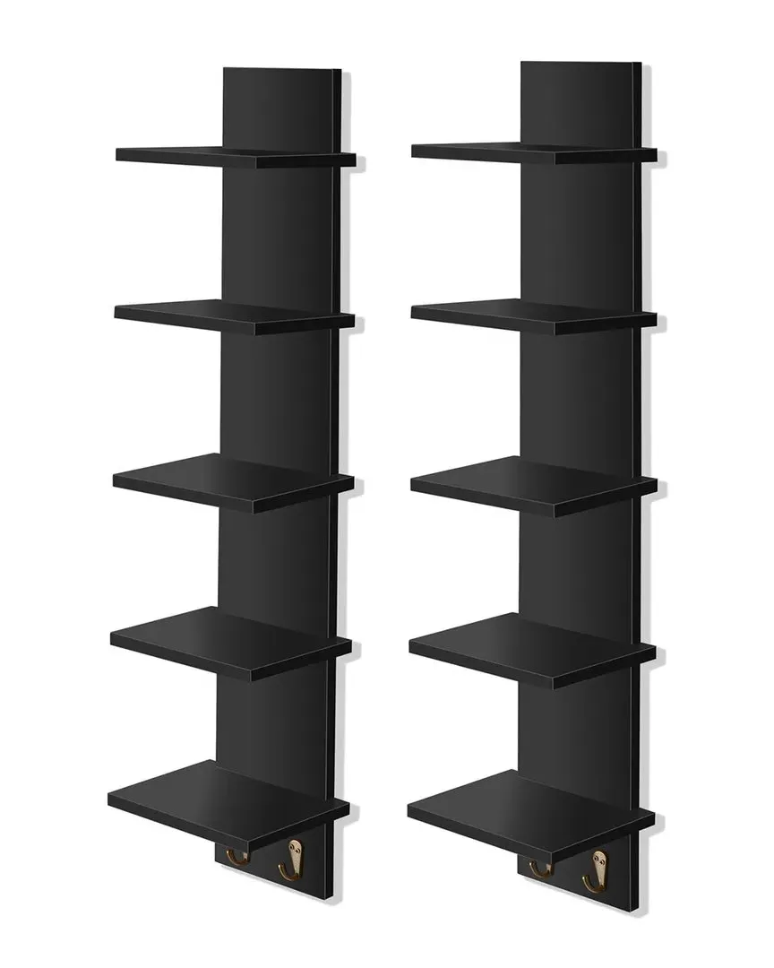 Set of 2 5-Tier Wall Shelf Unit with Hooks - Black, MDF image