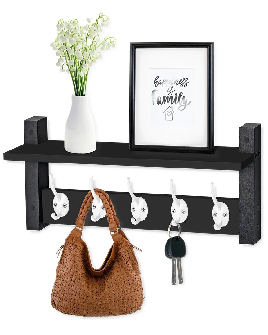 XL Wall Mount Floating Shelf with 5 Hooks - Black, MDF image