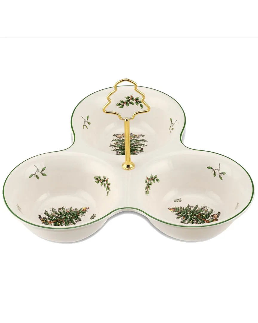 Christmas Tree 3-Section Handled Server - Green, Earthenware image