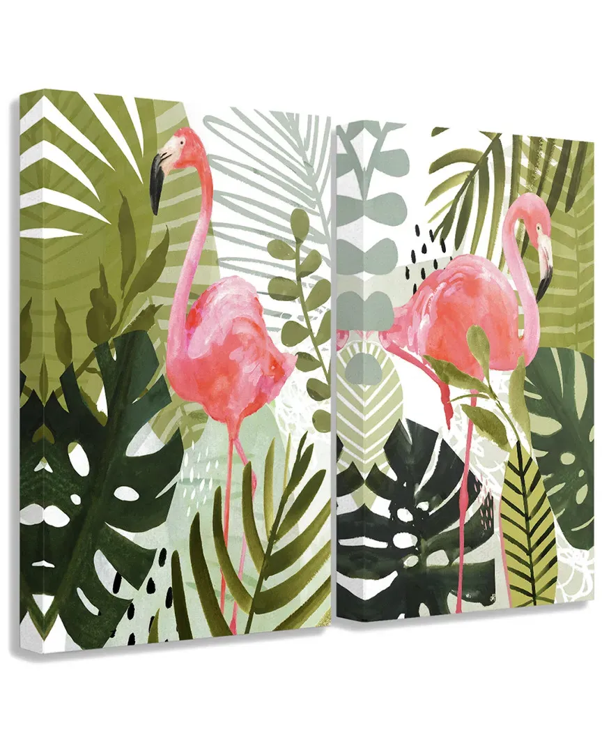 2pc Flamingo in Tropical Forest Flower Canvas Art Print