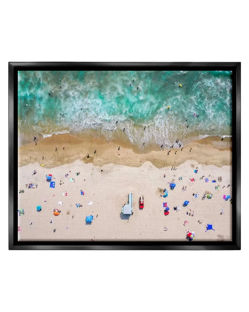 Aerial Summer Beach Umbrellas Framed Floater Canvas Wall Art - Black