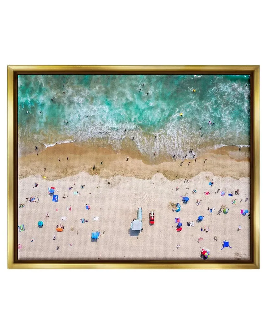Aerial Summer Beach Umbrellas Framed Floater Canvas Wall Art - Gold