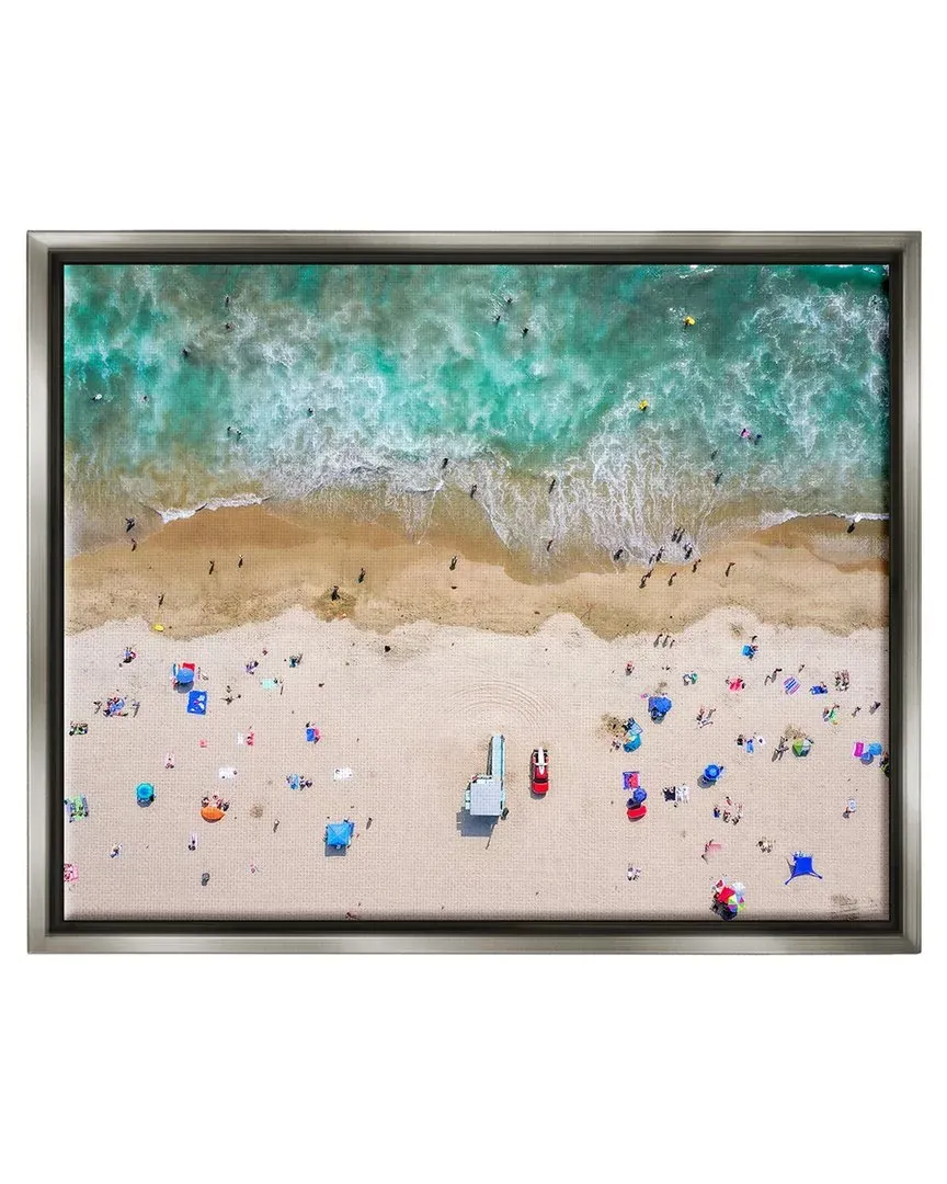 Aerial Summer Beach Umbrellas Framed Floater Canvas Wall Art - Grey