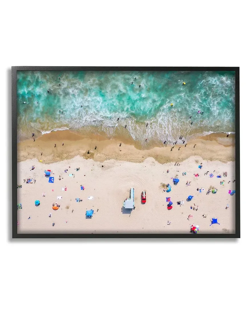 Aerial Summer Beach Umbrellas Framed Giclee Wall Art - Black