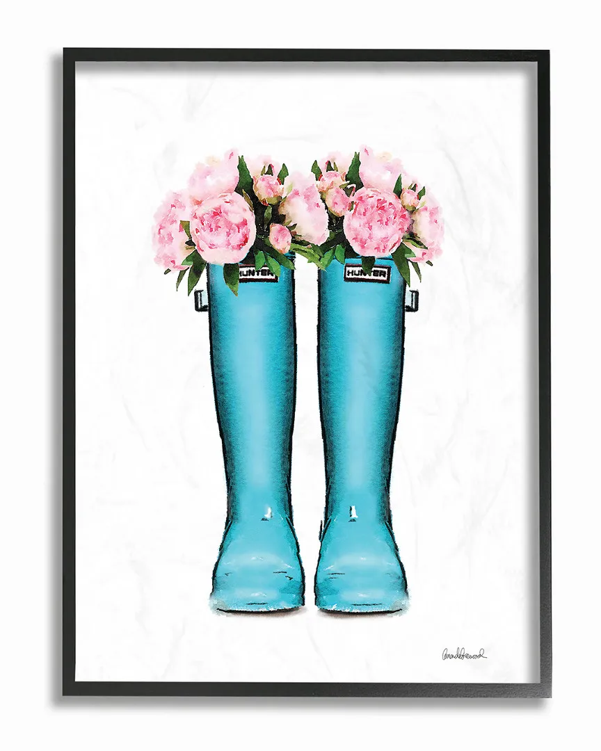 Amanda Greenwood Cyan Boots Pink Flowers Framed Art - Black Frame