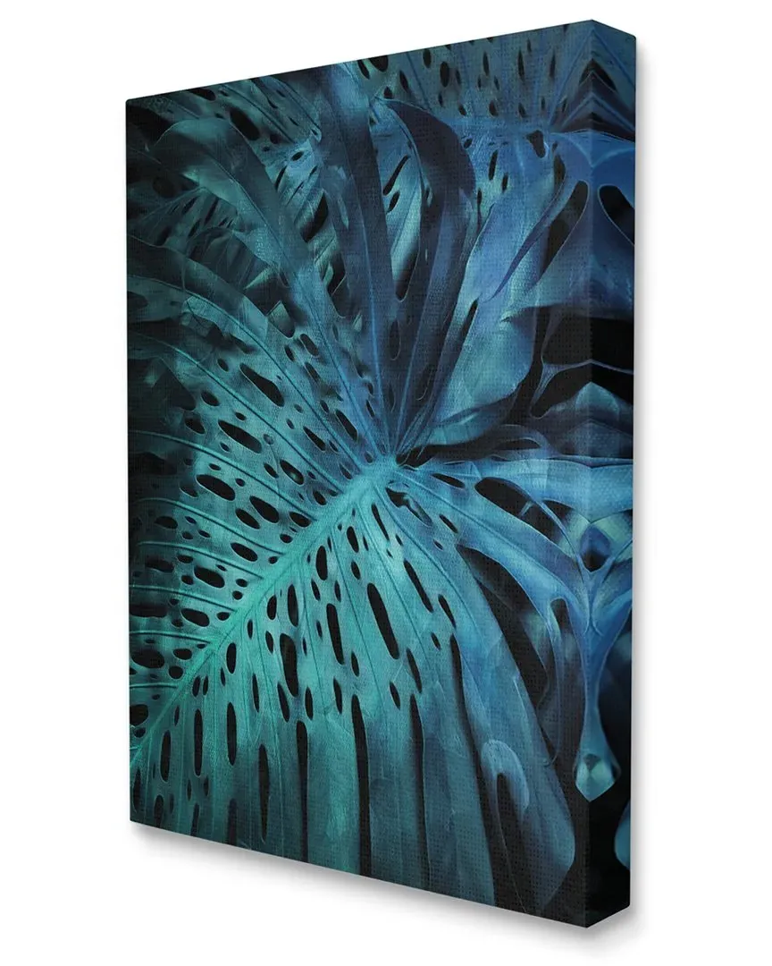 Blue Tropical Palm Leaves Dark Forest Canvas Wall Art - Black