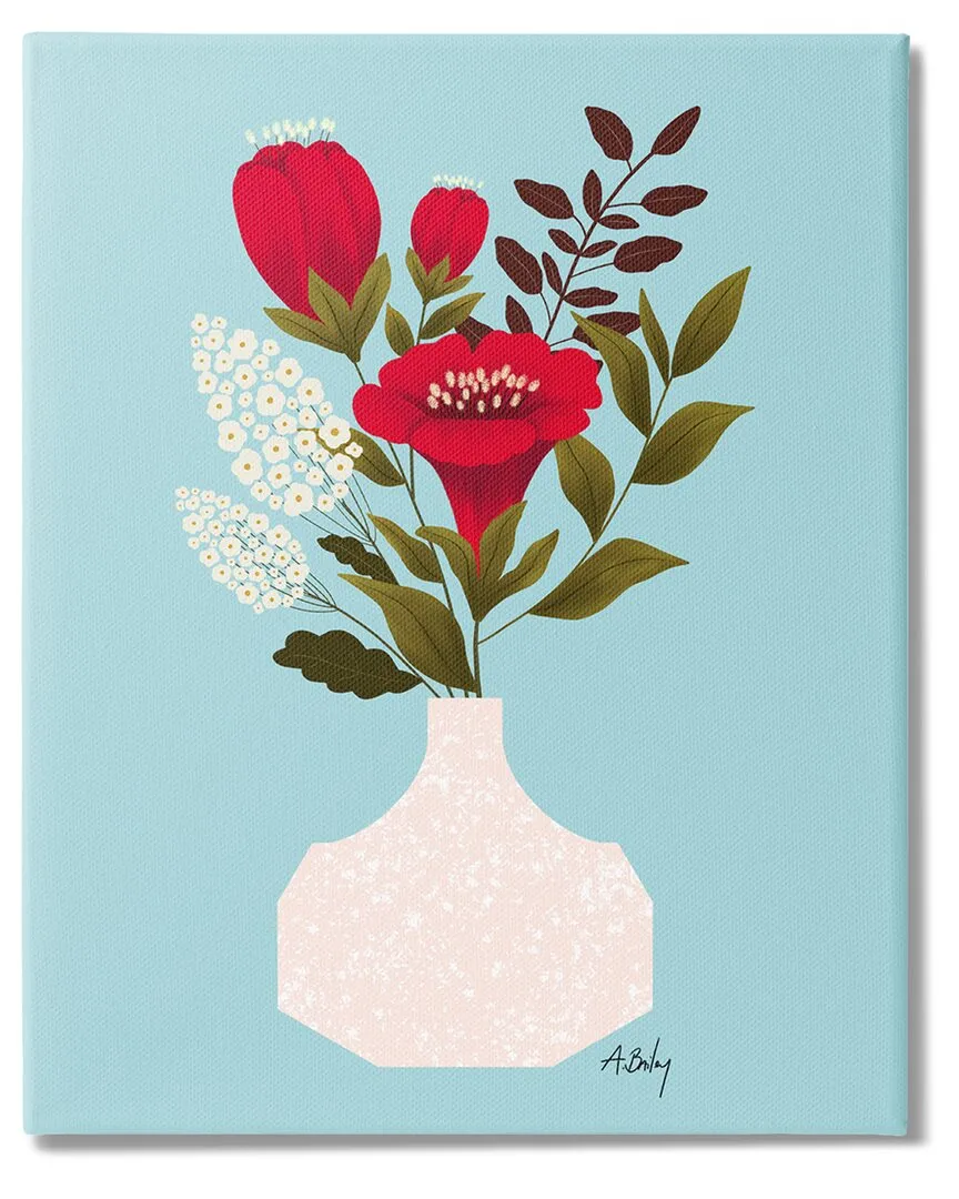 Bold Red Poppies Blossoms White Pottery Canvas Wall Art - Blue