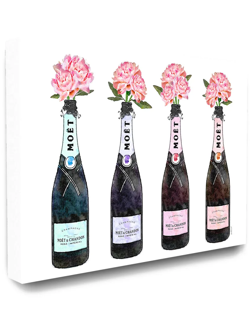 Champagne Bottles with Peonies Canvas Art Print - Multi-Color image