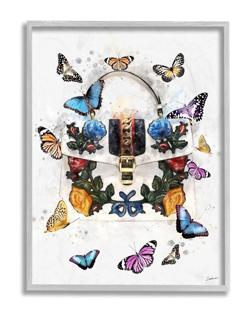Fashion Buckle Purse Butterflies Floral Framed Wall Art - White, MDF