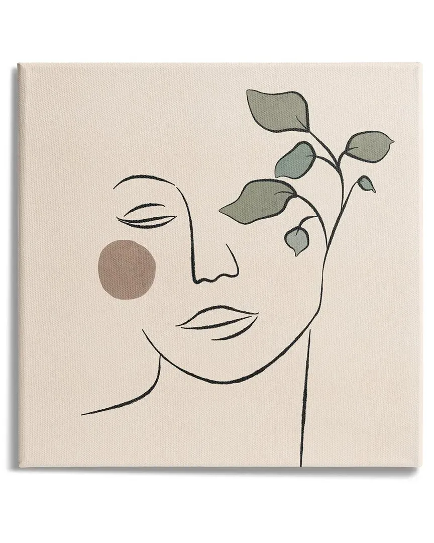 Female Face Line Drawing Plant Sun Canvas Wall Art - Beige image