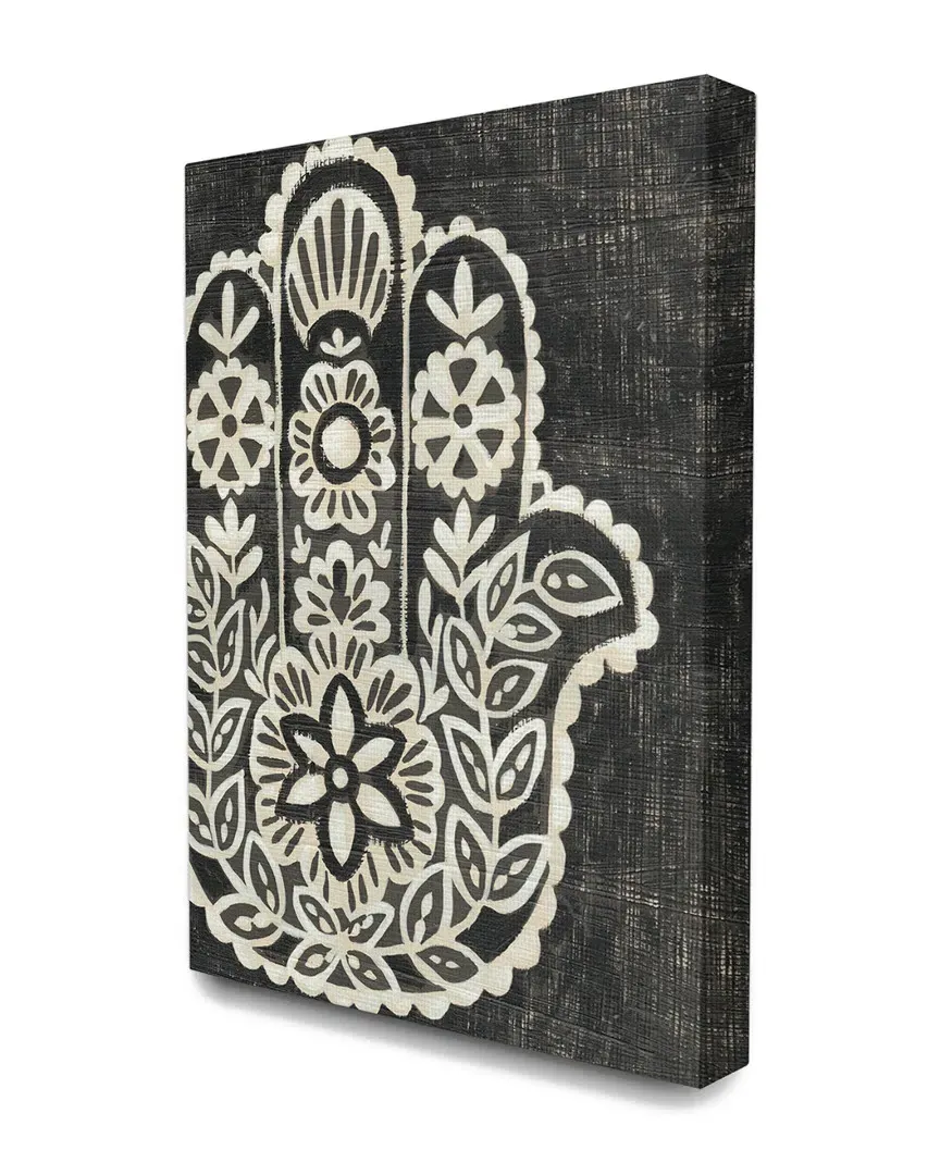 Floral Pattern Hamsa Canvas Art Print - Black and White image