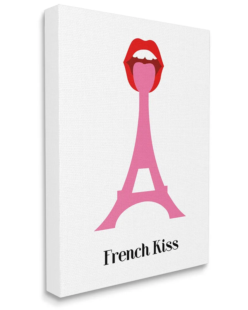 French Kiss Red Lips Eifel Tower Canvas Wall Art - Pink image