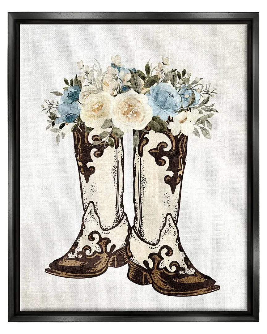 Kim Allen Cowboy Boot Flower Bouquet Framed Canvas - Black