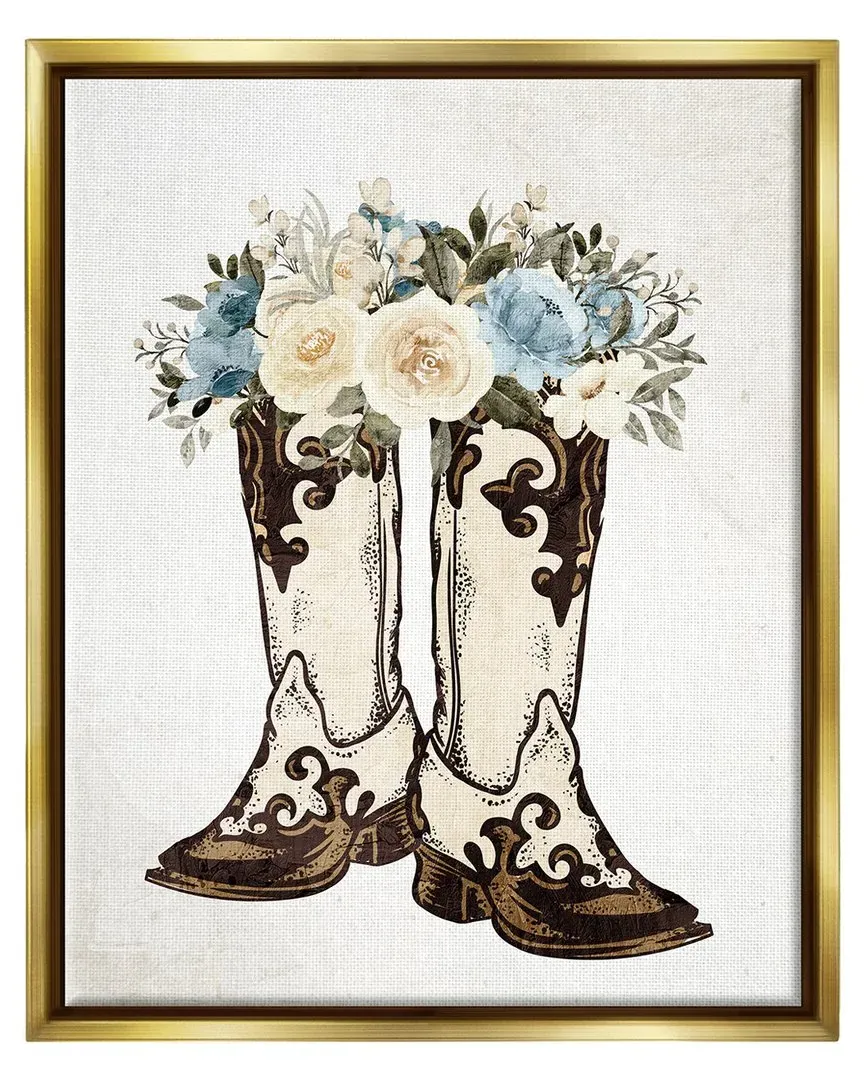 Kim Allen Cowboy Boot Flower Bouquet Framed Canvas - Gold