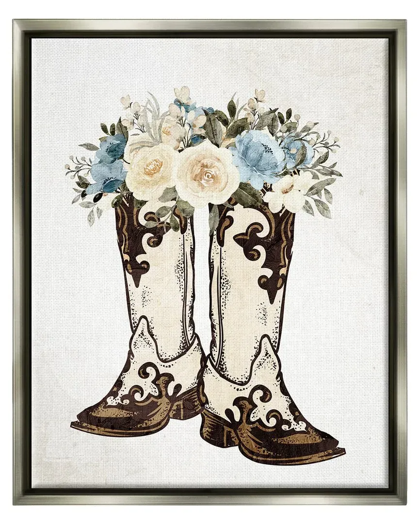 Kim Allen Cowboy Boot Flower Bouquet Framed Canvas - Gray
