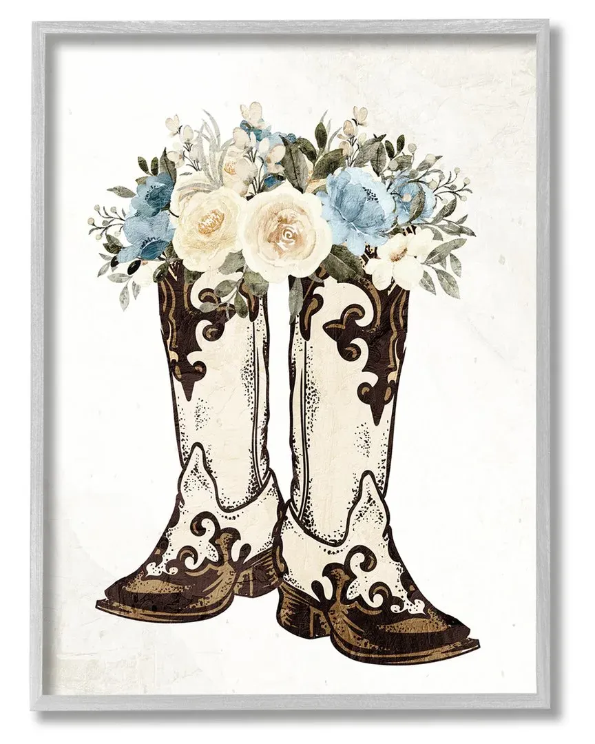 Kim Allen Cowboy Boot Flower Bouquet Framed Giclee - Gray