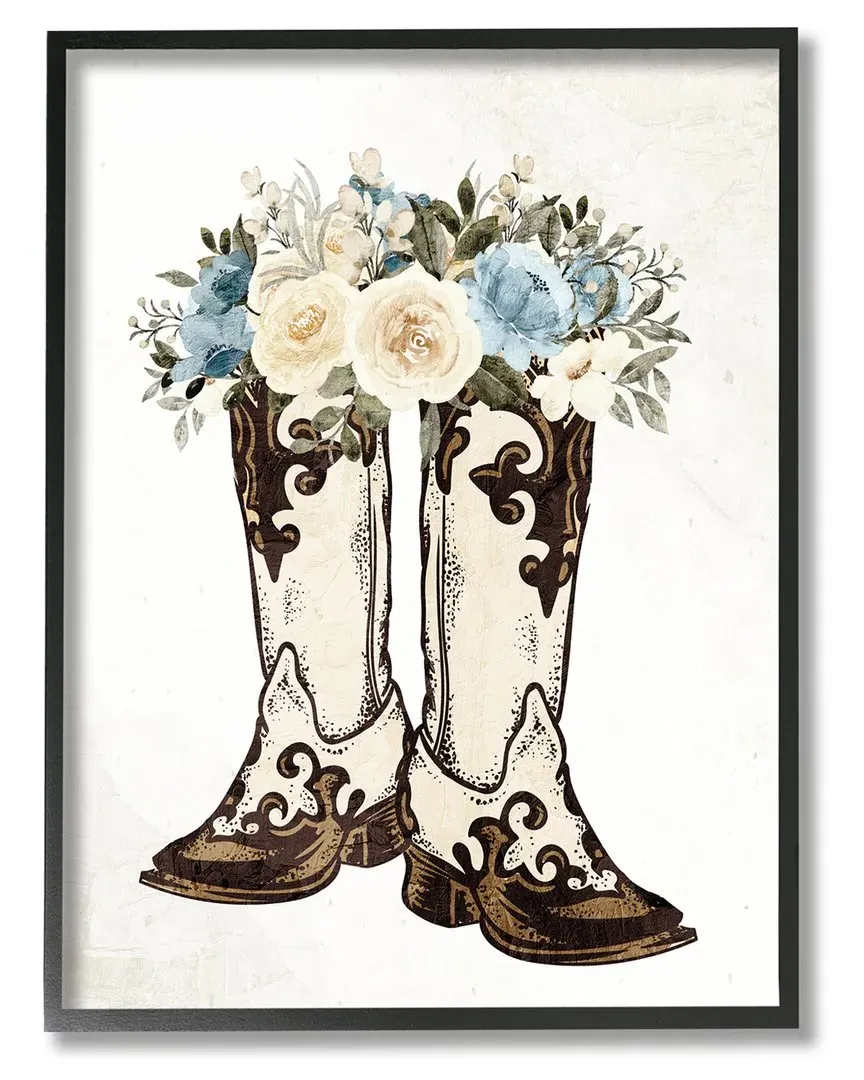 Kim Allen Cowboy Boot Mixed Flower Bouquet Framed Giclee Wall Art - Black