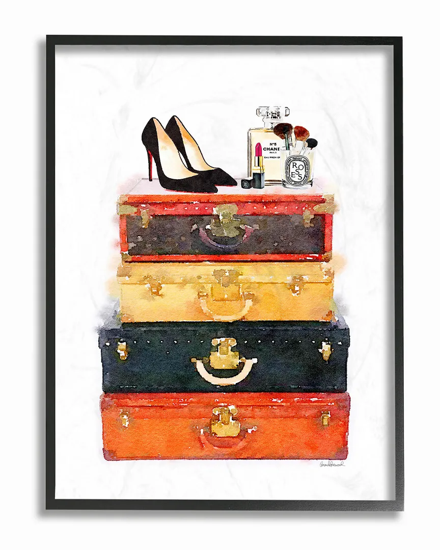 Luggage Stack Shoes And Makeup Framed Art - Black