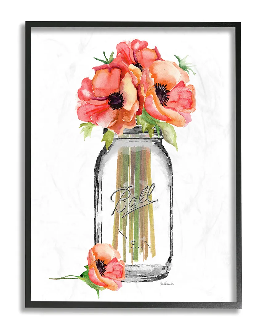 Mason Jar Poppys Framed Art Print - Ebony Wood