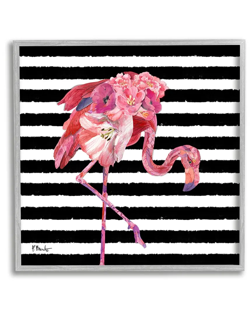 Paul Brent Floral Stripes Flamingo Framed Giclee Wall Art - Grey