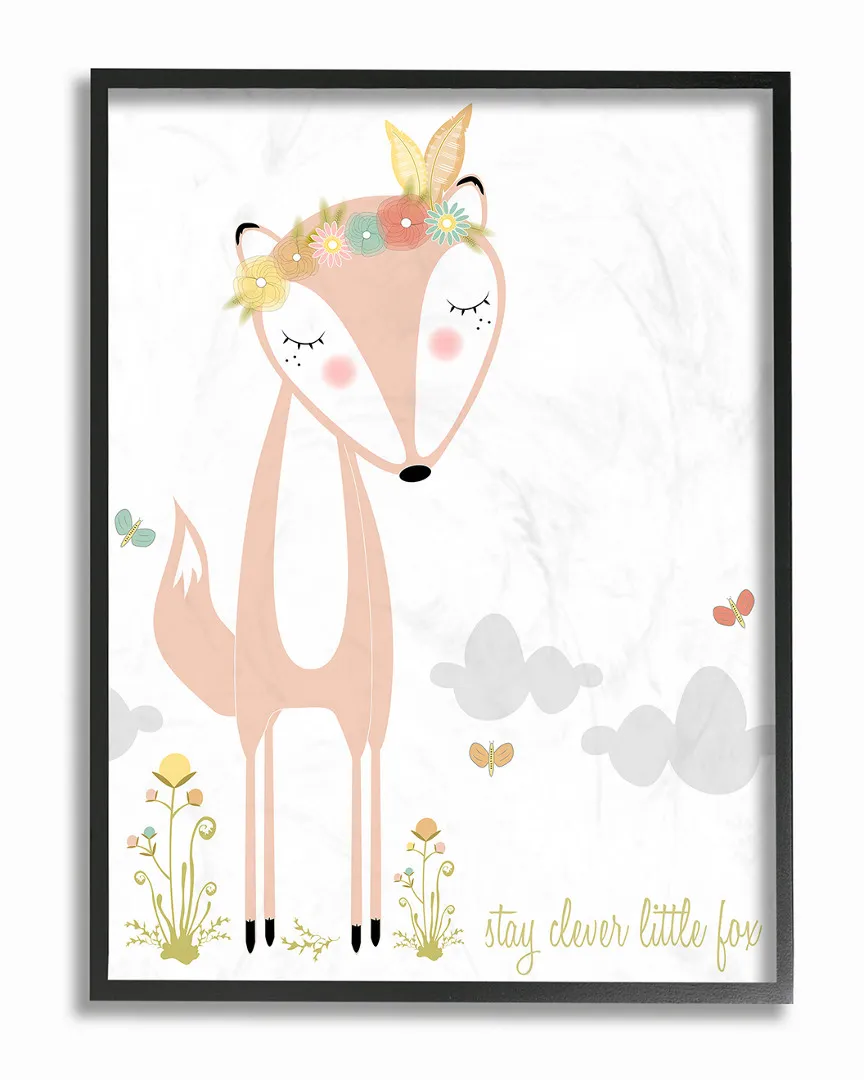 Peach Floral Stay Clever Little Fox Framed Art - Black Frame image