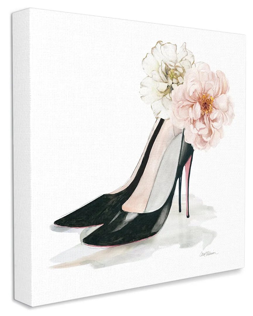 Pink Floral Black Heels Canvas Wall Art - Pink image