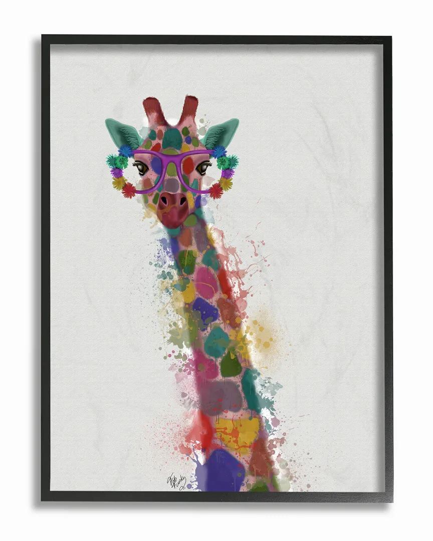 Rainbow Splash Giraffe in Glasses Framed Art by Fab Funky