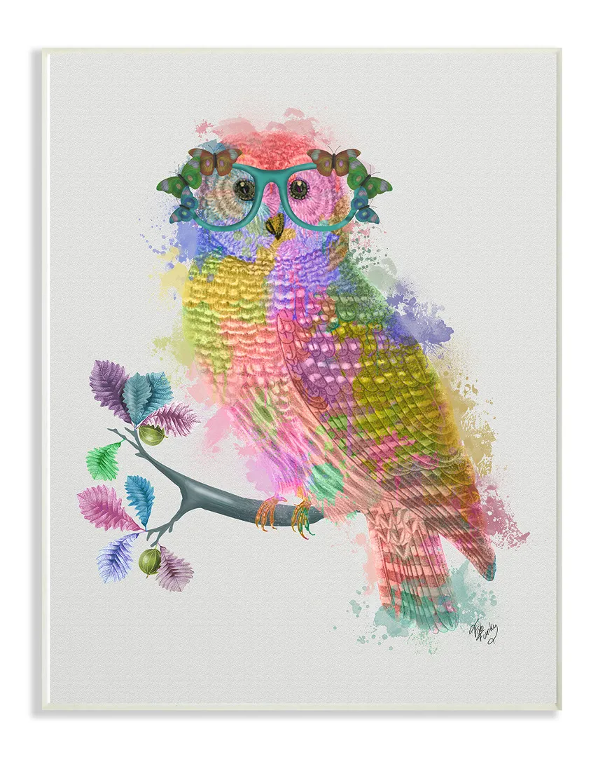 Rainbow Splash Owl In Glasses Art on Wood by Fab Funky image