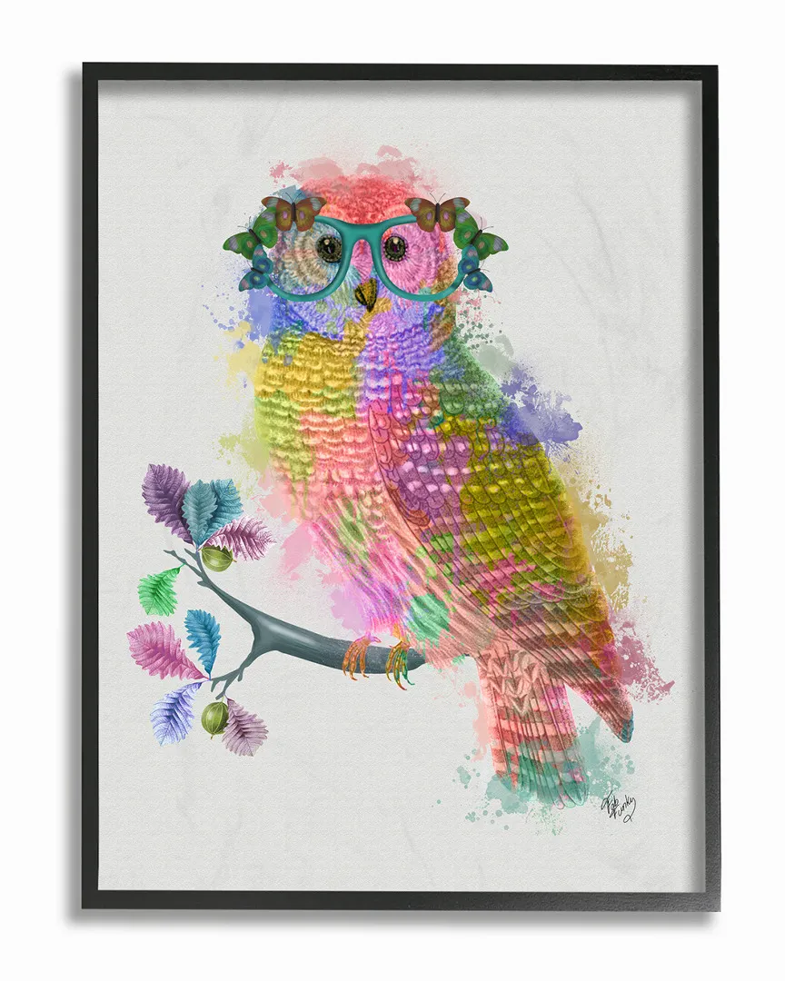 Rainbow Splash Owl In Glasses Framed Art by Fab Funky