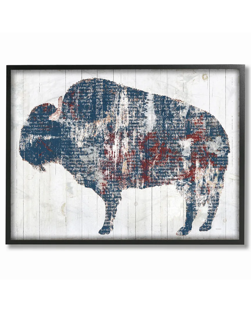 Red White Blue Bull Distressed Text Framed Art - Black