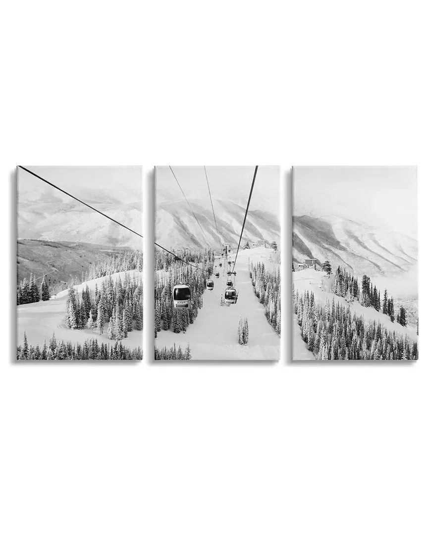 Snowy Ski Mountain Triptych Stretched Canvas Wall Art Set - White