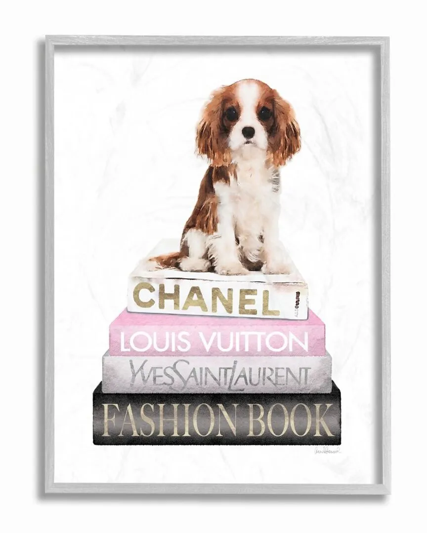 Spaniel Puppy & Fashion Books Framed Wall Art - White